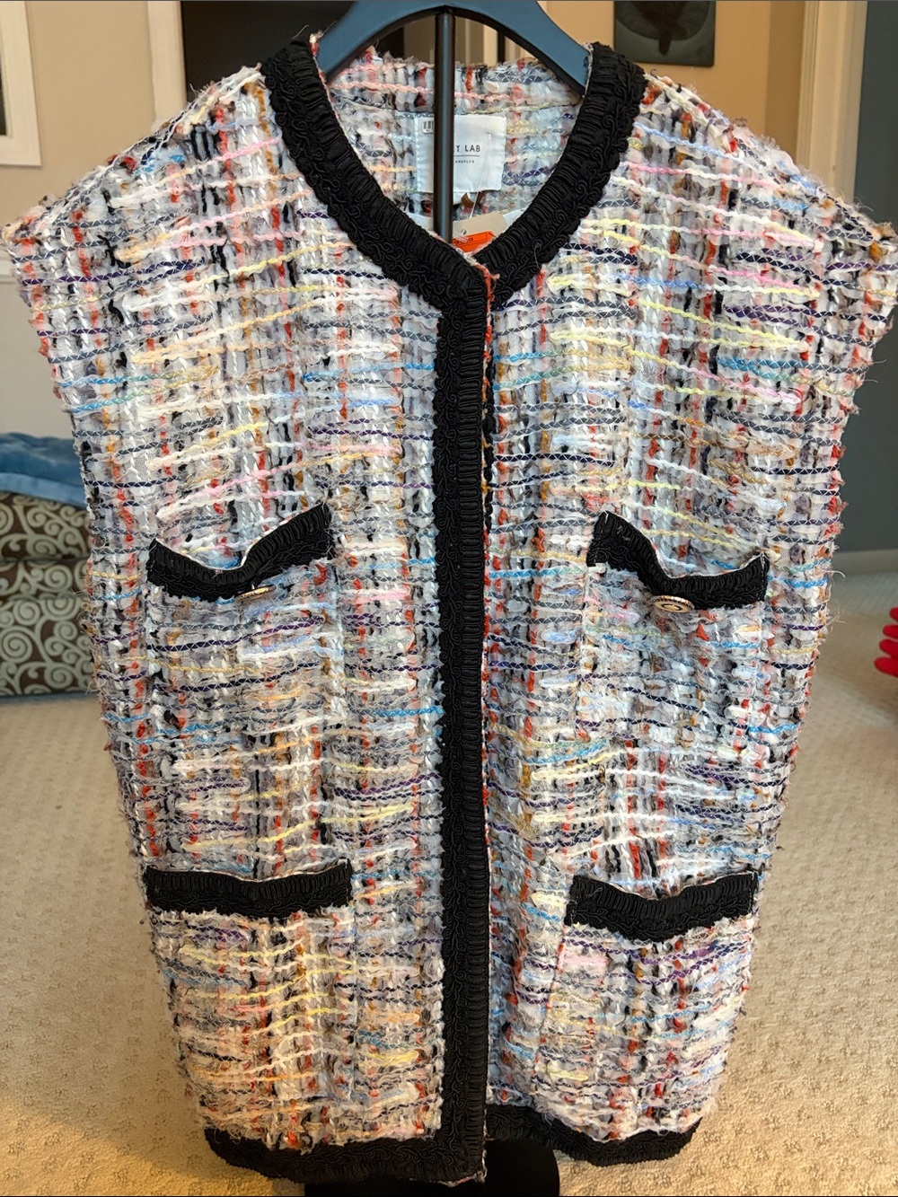 GREY LAB Multicolor Tweed Sleeveless Vest with Black Trim